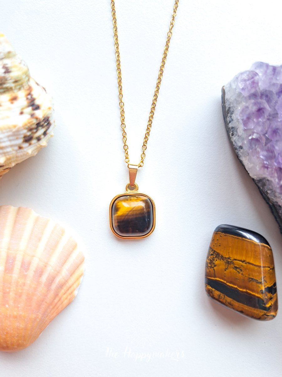 Edelsteen ketting bedel tijgeroog, waterproof, boho, stainless steel, handgemaakt, cadeau met betekenis, zelfvertrouwen