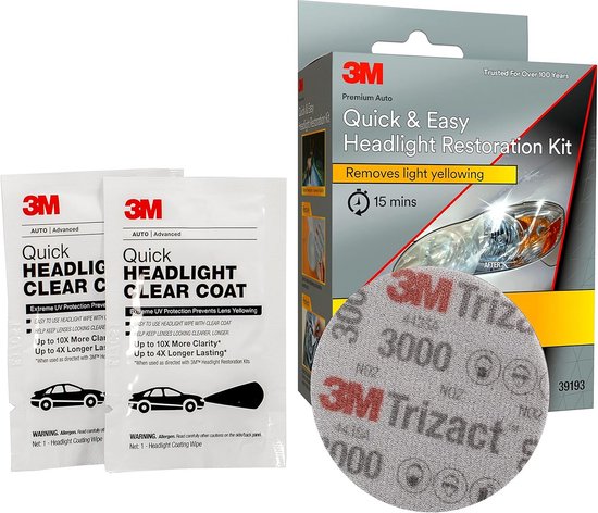 Doos 3M Quick & Easy Headlight Restoration Kit met "Removes light yellowing", 15 minuten, en een apart schuurpapiertje.