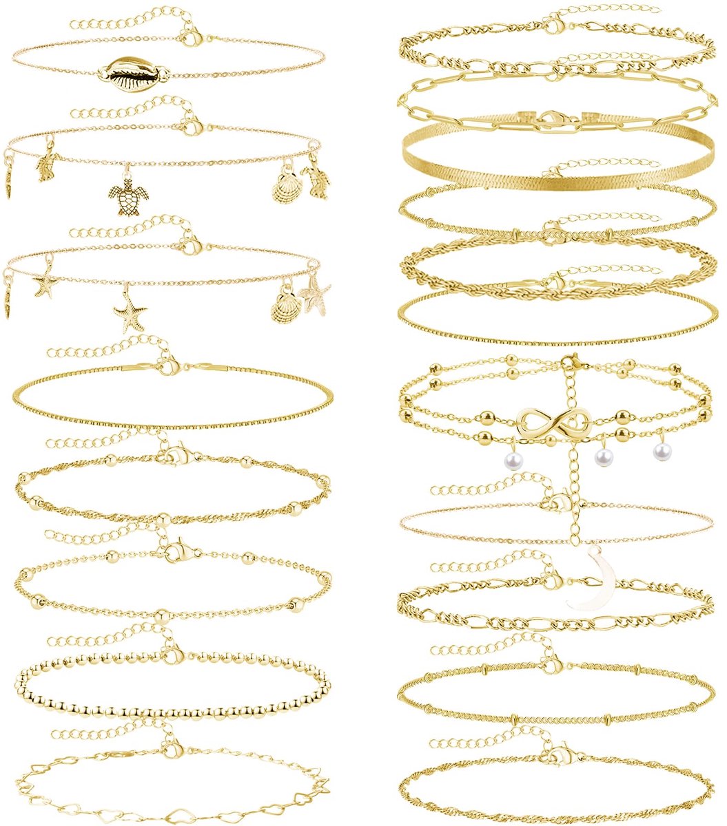 19 stuks enkelbandjes voor dames, trendy enkelbandjes voor dames, waterdichte enkelband in goud, enkelbandje in goud, enkelbandjes, waterdichte enkelbandjes voor dames