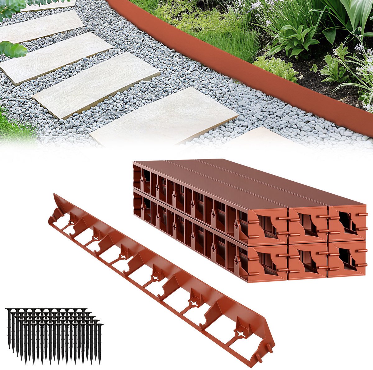 Flexibele Kunststof Borderrand 60 m - Perkrand met 250 grondankers - Tuinafboording zonder graven - DIY Gazonrand tuinrand - Bruin