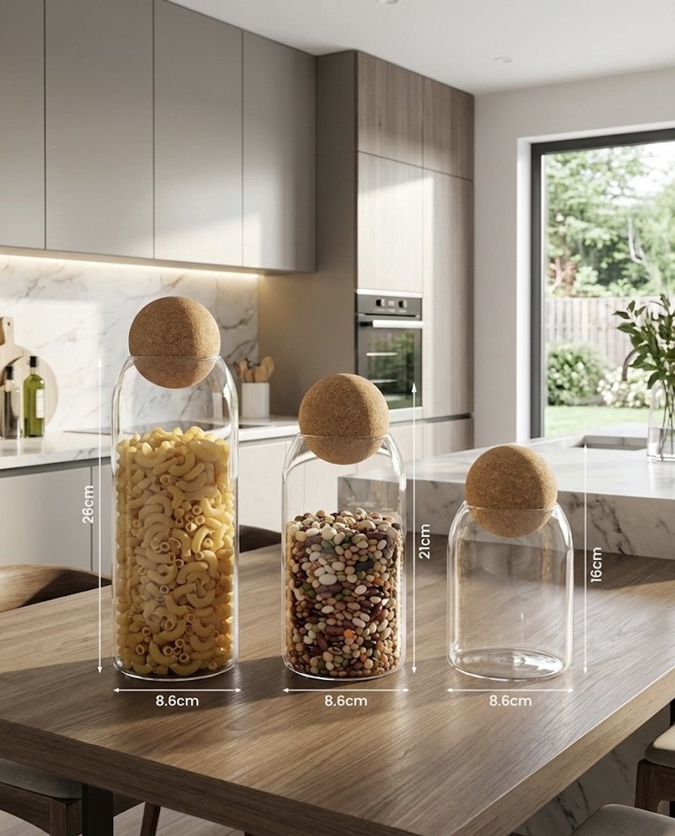 3 delig bewaar potten met kurk doppen