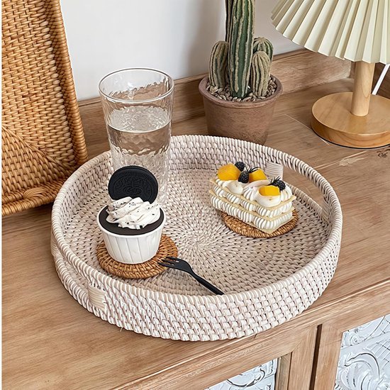 Rond dienblad, rotan dienblad, rond geweven mandendienblad, rieten vlechtwerk, dienblad, decoratieve serveermand, opbergmand voor fruit, brood, koekjes, snoep, speelgoed