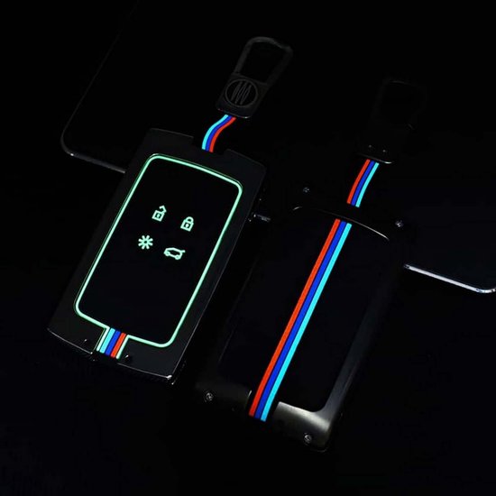 Zwart sleuteletui met driedelige M-strip en oplichtende icoontjes