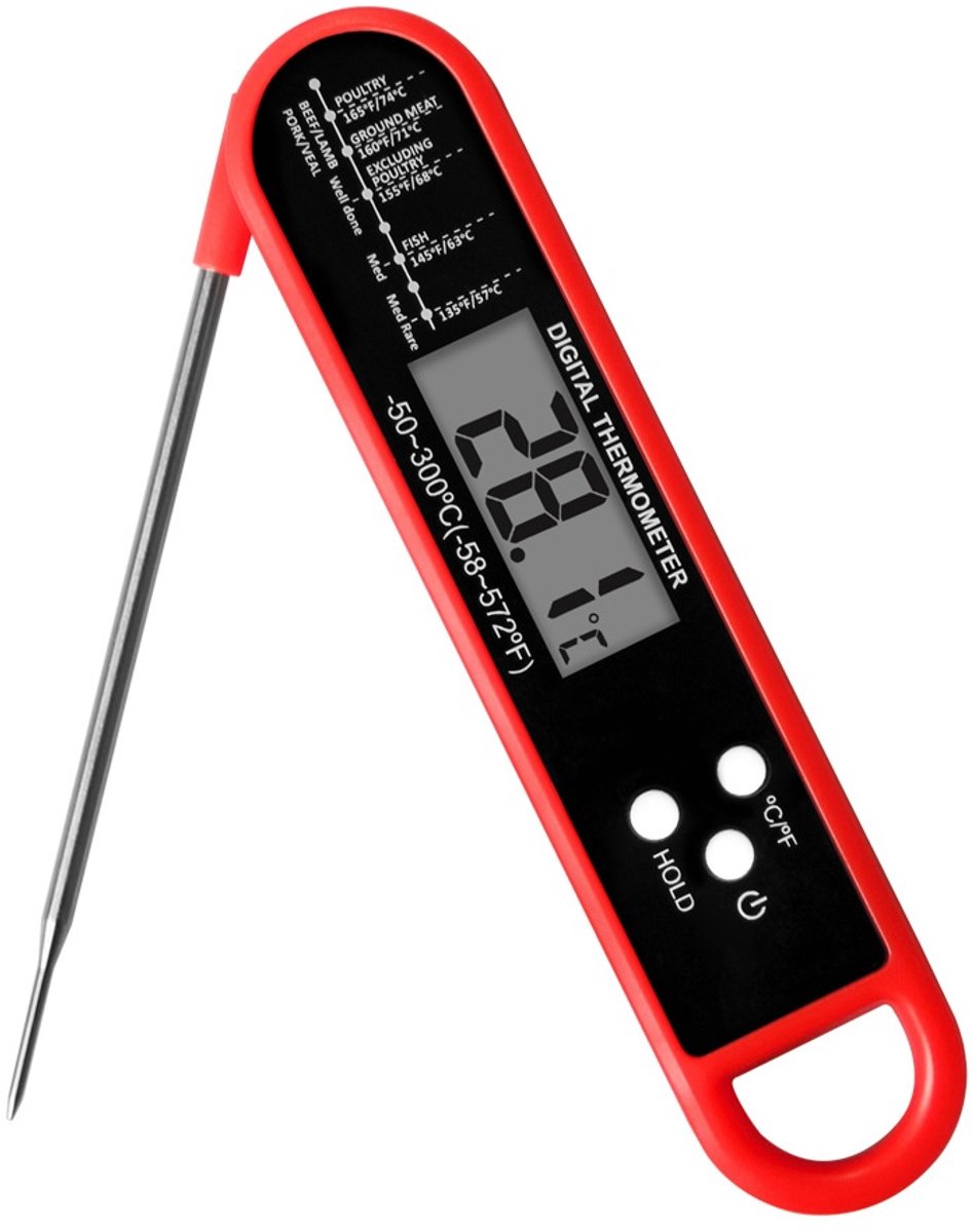 Voedselthermometer - Vleesthermometer - Keukenthermometer - Roestvrij staal - Waterdicht - Opvouwbaar - Bakthermometer - Meet 50–300 °C - Rood