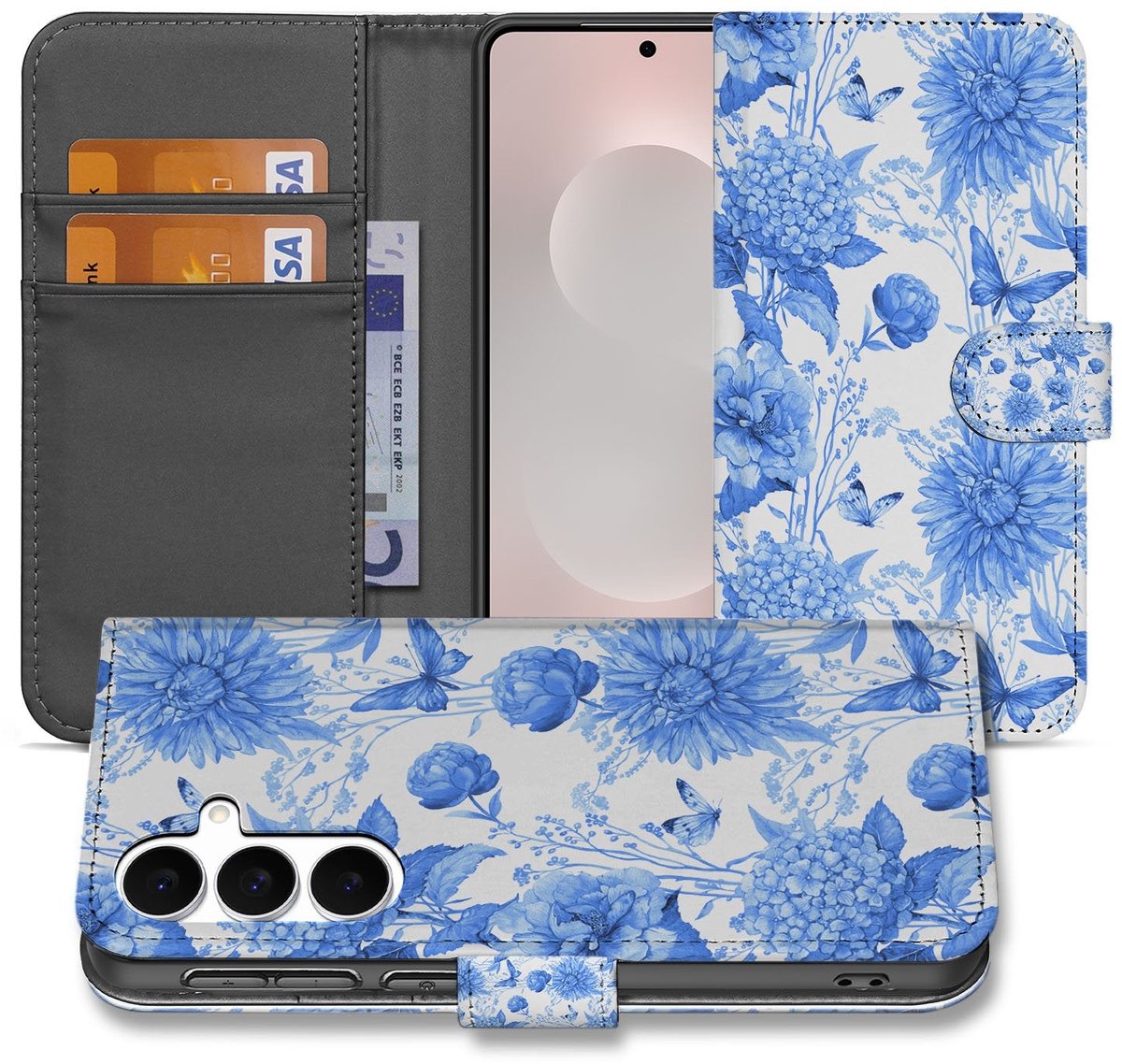 Samsung Galaxy S25 FE Portemonnee Hoesje Blauw Bloemen PU-Leer 3 Pasjes