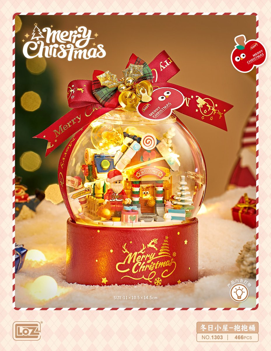 LOZ - Chrismas Hugging bucket - Winter House ( Strip light included) | Decorative Snow Globe | Merry Christmas No. 1303