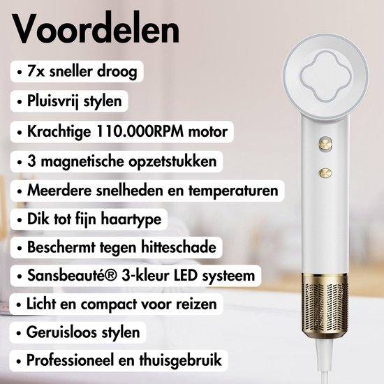 Sansbeauté® Föhn met Diffuser - Krullen - 110.000RPM - Ionische Haardroger met Borstel - 3 Standen - 3 Opzetstukken - Reisföhn - Sèche Cheveux - Krul Feun Set - Haarföhn met Defuser - Hair Blow Dryer - Kappersfohn - 2000W