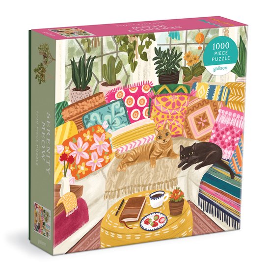 1000-delige puzzel met katten op een bank vol kleurrijke kussens, met cactussen en planten.