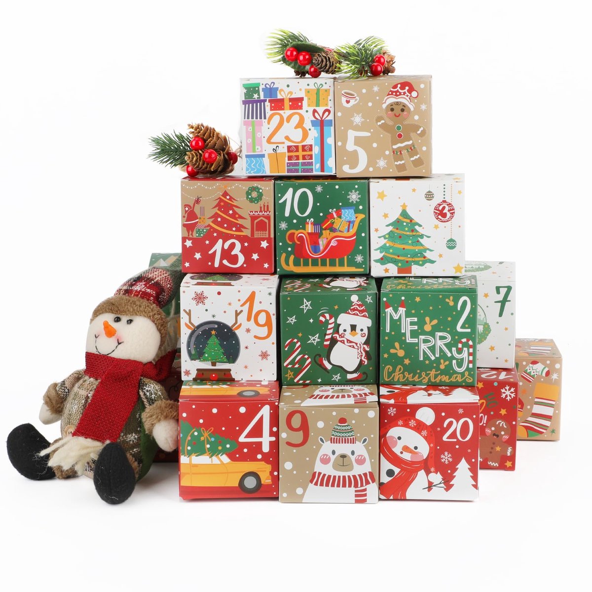 24 stuks DIY Kerst Adventskalender Dozen, 24 Dagen Lege Kerst Afteldozen met Nummer Vul Je Eigen Adventskalender Cadeaudoos voor Kinderen Volwassenen Thuiskantoor