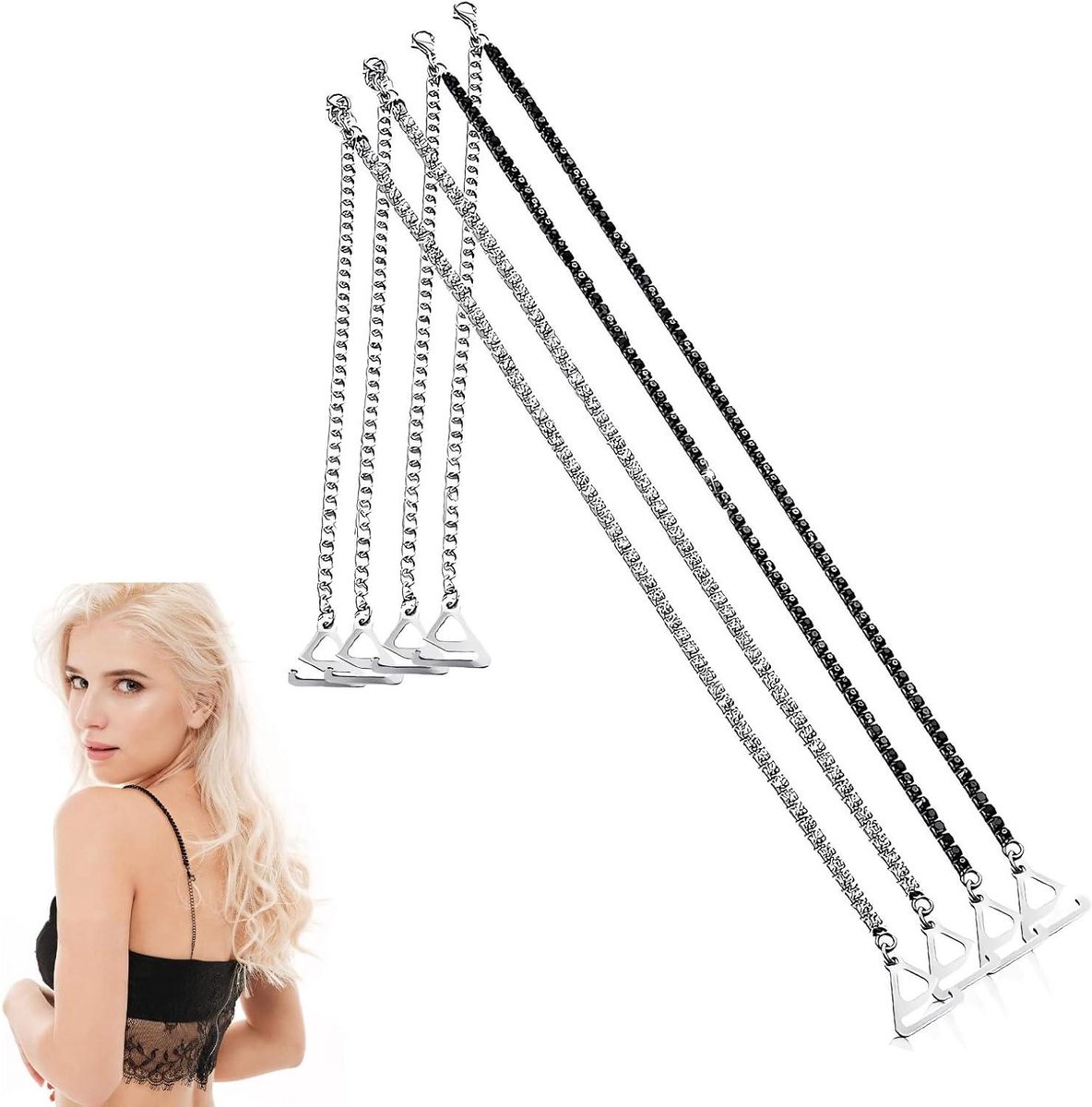 Verstelbare en antislip strass-beha-bandjes voor dames - 2 paar - Zilver en zwart - Ondergoedschouderriem voor jurk - Meerkleurig - One size - Comfortabel en stijlvol.