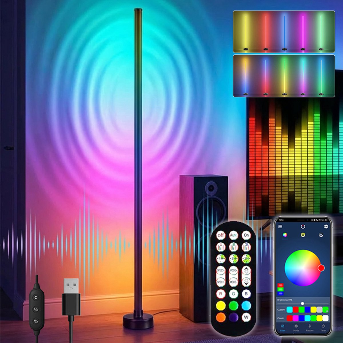 MUPOO Slimme LED Staande Lamp - RGB Moderne Hoeklamp - Sfeerverlichting - Afstandbediening - App - Dimbaar - voor Woonkamer - Slaapkamer - Feest - Speelkamer