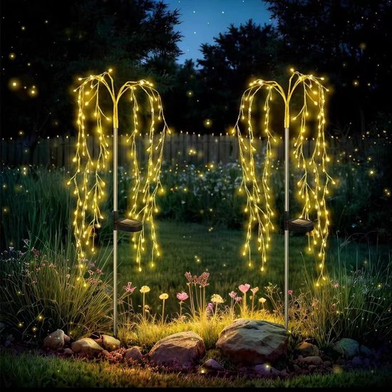 Solar Tuinverlichting - 2 Stuks Solar LED Vuurvlieglamp - Op de Grond Gemonteerd - Waterdicht IP44 Vuurwerklamp - Paardenbloem Tuinsfeerlamp - Buitenlamp voor Tuindecoratie - Automatisch Aan/Uit - voor Terrasdecoratie - Warm Licht