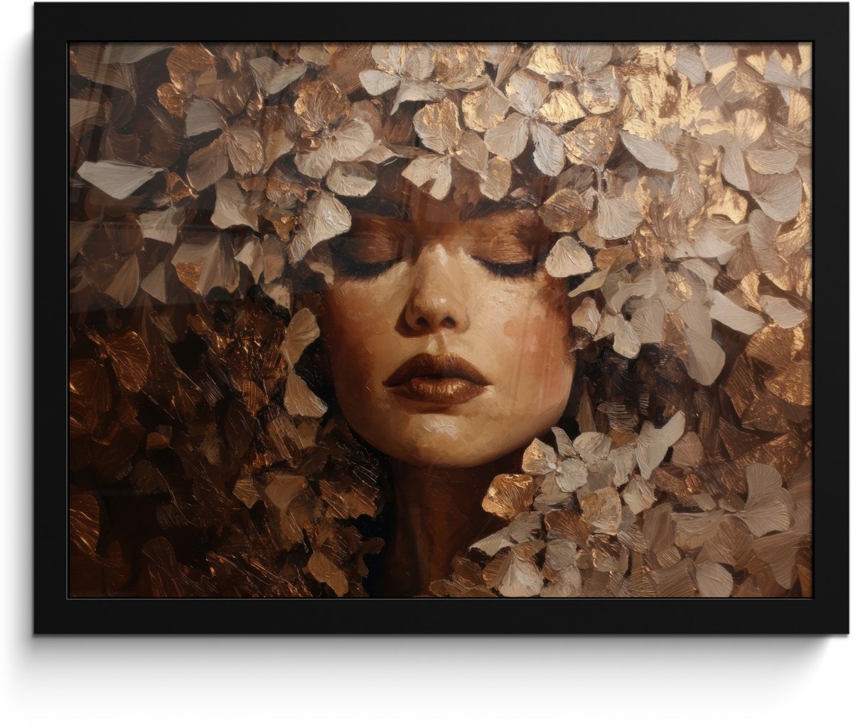 FrameYourWall Poster in lijst - Fotolijst 40x30 cm - Posters - Gezicht - Vrouwe - Bladeren - Penseelstreken - Posterlijst zwart - Decoratie - Wanddecoratie woonkamer - Muurdecoratie slaapkamer Gezicht - Vrouw - Bladeren