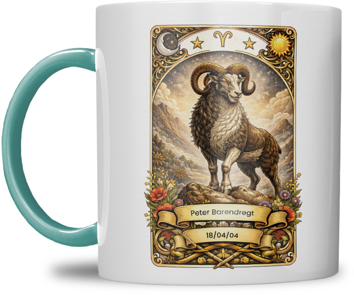 Sterrenbeeld mok - Ram - Zeegroen Blauw - Tarot mok - Gepersonaliseerd met naam en datum
