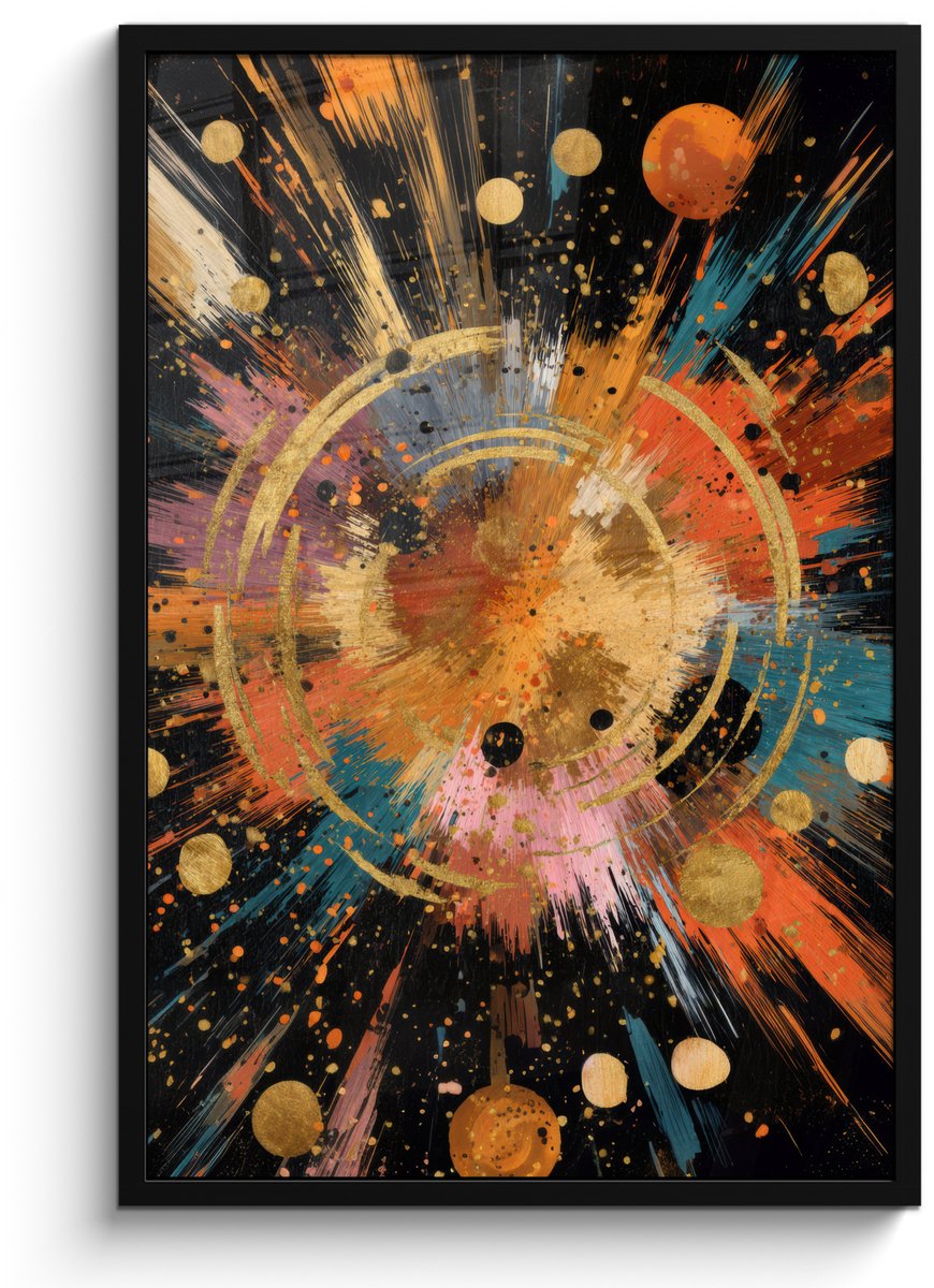 FrameYourWall Poster in lijst - Fotolijst 60x90 cm - Posters - Explosie - Verfstructuur - Goud - Abstract - Posterlijst zwart - Decoratie - Wanddecoratie woonkamer - Muurdecoratie slaapkamer
