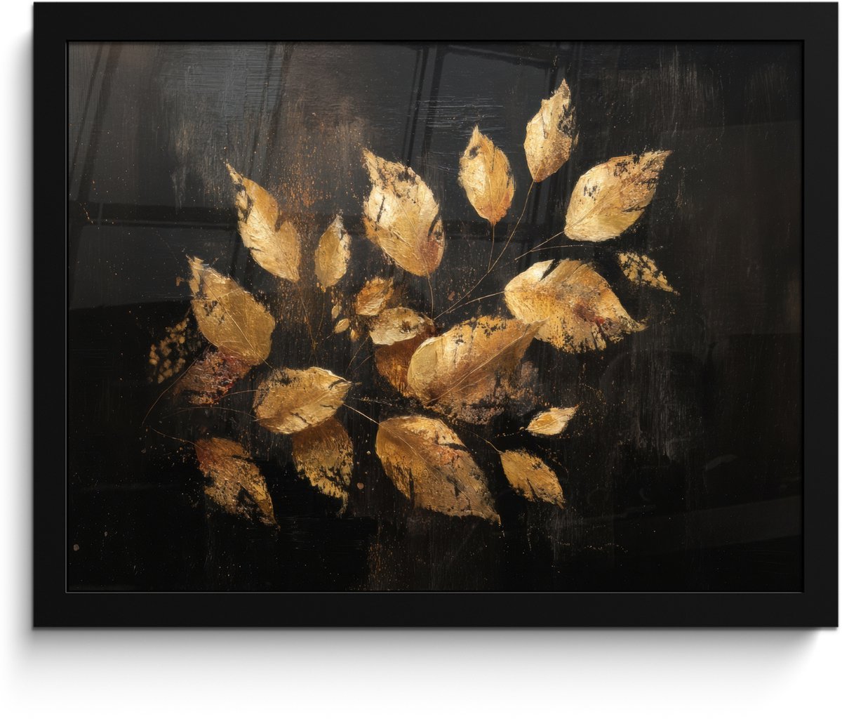 FrameYourWall Poster in lijst - Fotolijst 40x30 cm - Posters - Gouden Bladeren op Donkere Achtergrond - Posterlijst zwart - Decoratie - Wanddecoratie woonkamer - Muurdecoratie slaapkamer Bladeren - Goud