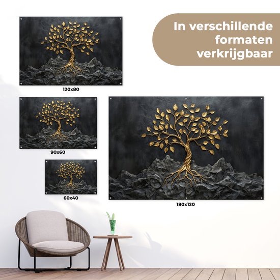 Affiche de jardin 120x80 cm - Décoration de jardin Feuilles - Or - Arbre - Roche - Affiche pour le jardin - Décoration extérieure - Tableau de jardin clôture - Toile de jardin décoration murale - Décoration murale toile de balcon