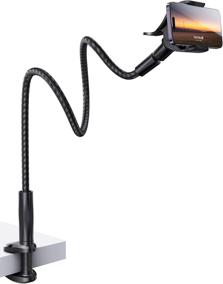 Famanu – Extra lange zwanenhals telefoonhouder met gevlochten arm en stevige klem voor bureau en bed