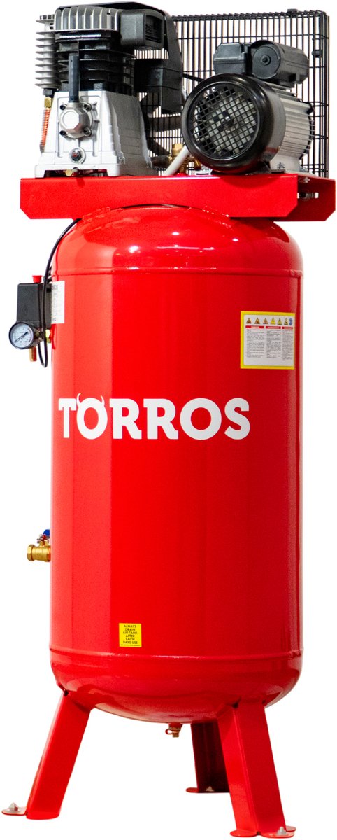 Verticale compressor 150L riemaandrijving - 10 Bar - 2,2 kW / 3 Pk - 230 V - 400 l/min oliegesmeerd Torros TCV150435M
