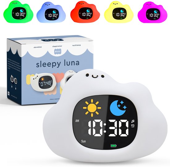 Dutsi - Sleep Trainer Enfants et bébés - Sleepy Luna - Cloud - Avec Wekker, bruit Witte et veilleuse - Réveil sommeil - Réveil pour enfants - Intensité variable