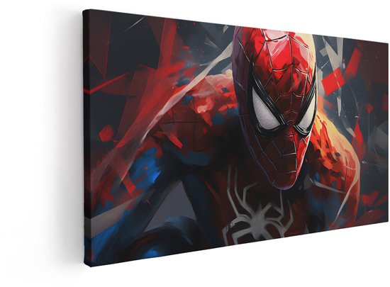 Canvas schilderij van Spiderman in close-up, met abstracte rode en blauwe achtergrond. Gemonteerd op houten frame.