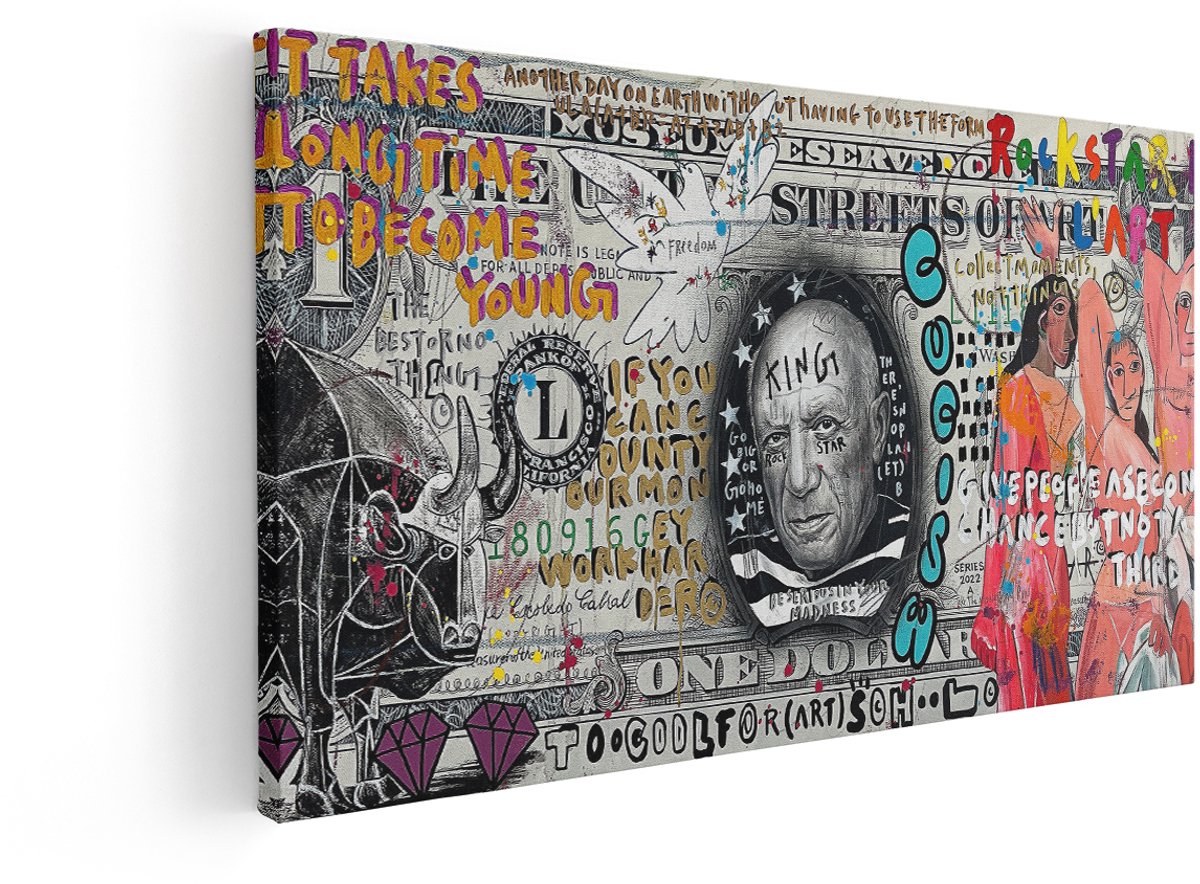 Artaza Canvas Schilderij Picasso - 80x40 cm - Wanddecoratie Dollar - Muurdecoratie Pop Art - Decoratie Modern Kleurrijk