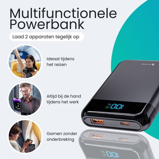 Siltcon® Ultra Compacte Powerbank 10000 mAh - 22.5W Charge Rapide – USB-C / A - Indicateur LED - Kit d'Urgence – Universel pour Téléphones, Tablettes & Plus– 2 Ports - Noir