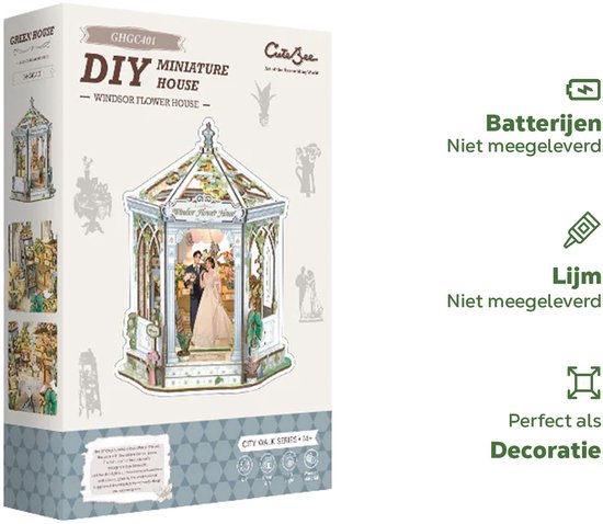 DIY Miniature House Windsor Flower House, met een bruidspaar en bloemen, batterijen en lijm niet meegeleverd.
