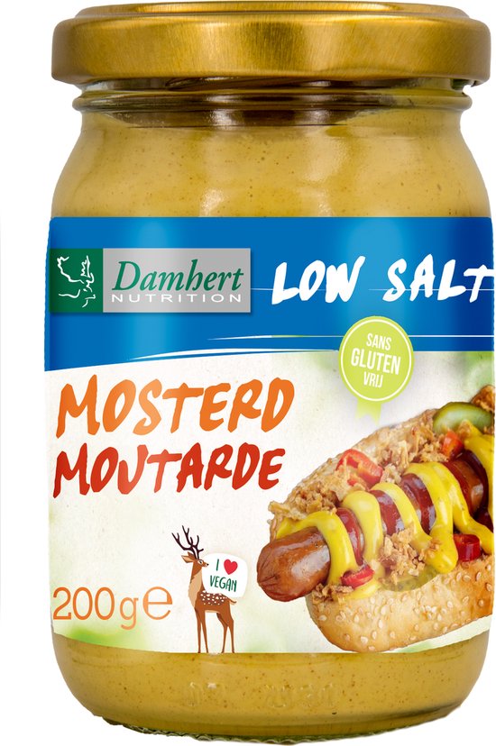 Glutenvrije mosterd, laag zout, 200g, met afbeelding van een hotdog.