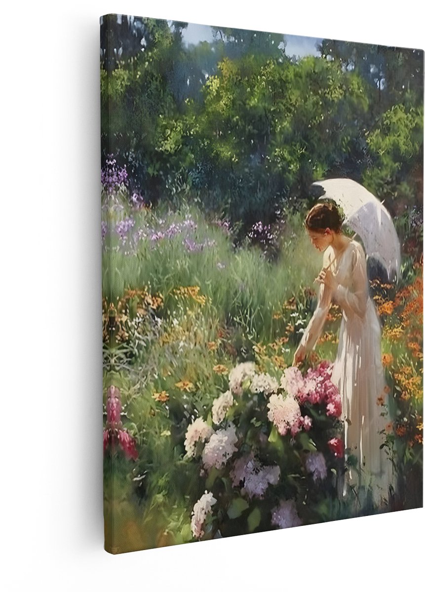 Artaza Canvas Schilderij Vrouw Met Parasol - 40x50 cm - Wanddecoratie Bloeiende Tuin - Muurdecoratie Romantisch - Decoratie Schilderstijl