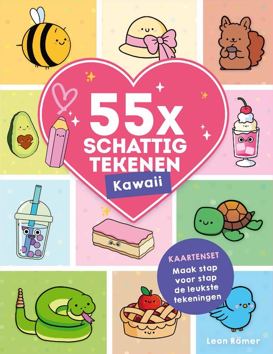 Boekomslag met "55x Schattig Tekenen Kawaii" en illustraties van een bij, eekhoorn, avocado, potlood, ijscoupe, schildpad, slang, appeltaart, blauwe vogel, bubble tea, en een hoed.
