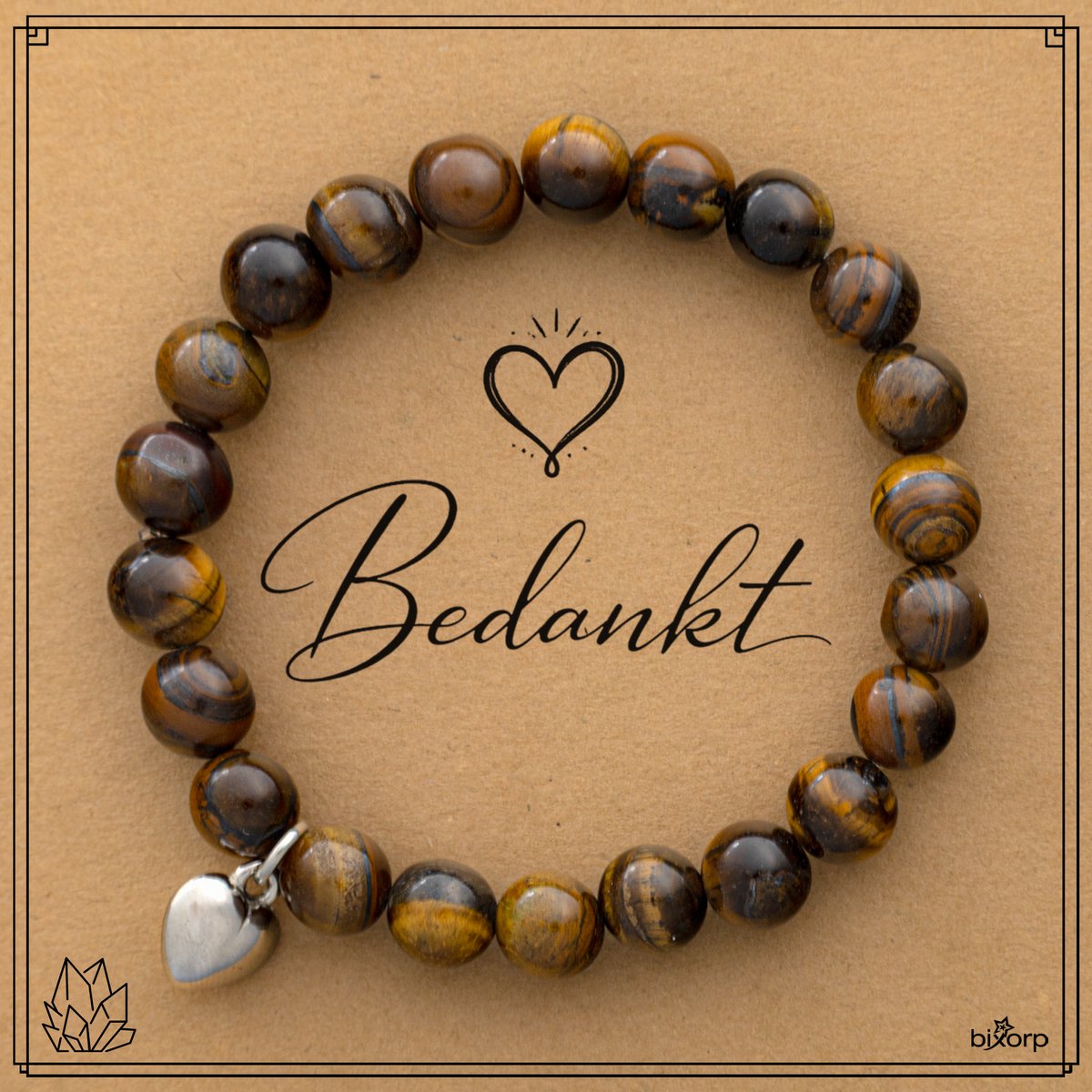 Bixorp Tijgeroog Armband op Cadeau Kaartje - Bedankt - 8mm / 18cm Edelsteen Kralenarmband - Met hartje Hanger - Inclusief Cadeau Envelop