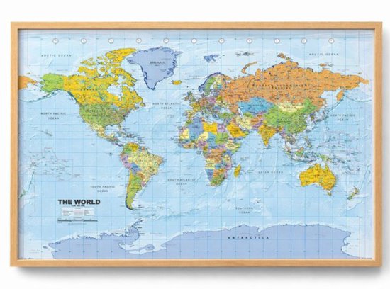 Kurk24 Panneau en liège MAPPEMONDE - cadre en bois - 90 x 60 cm