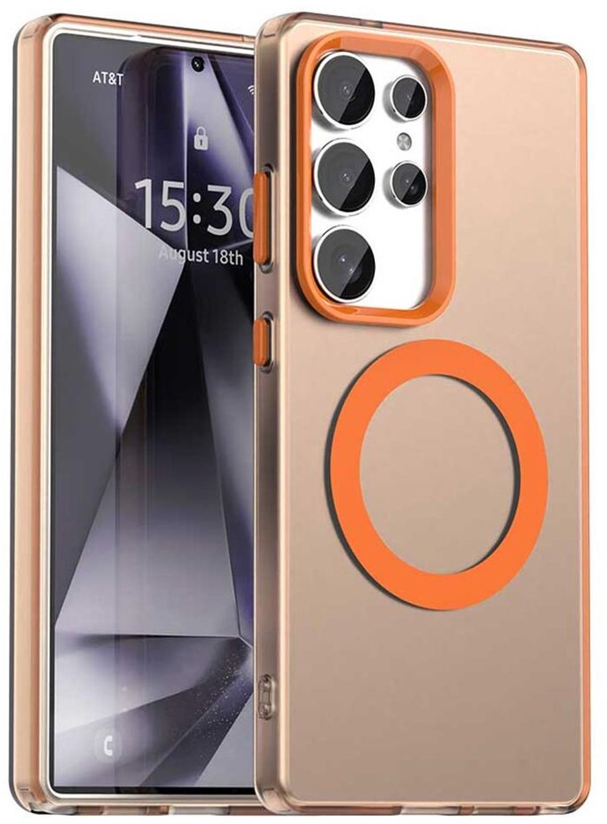 MagSafe Compatibel Backcover Hoesje Geschikt voor Samsung Galaxy S25 Ultra - Oranje & Semi-Transparant Design - Stijlvol & Goede Bescherming
