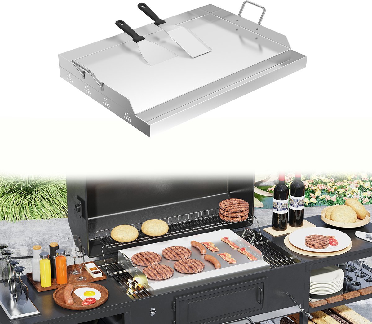 Aufun Roestvrijstalen Grillplaat - 51*32*7 cm - 2 Spatels En 2 Handvatten - Universele Bbq Plancha Met Vetopvangbak - Plaat Van Plaatstaal Voor Gas En Houtskoolgrill