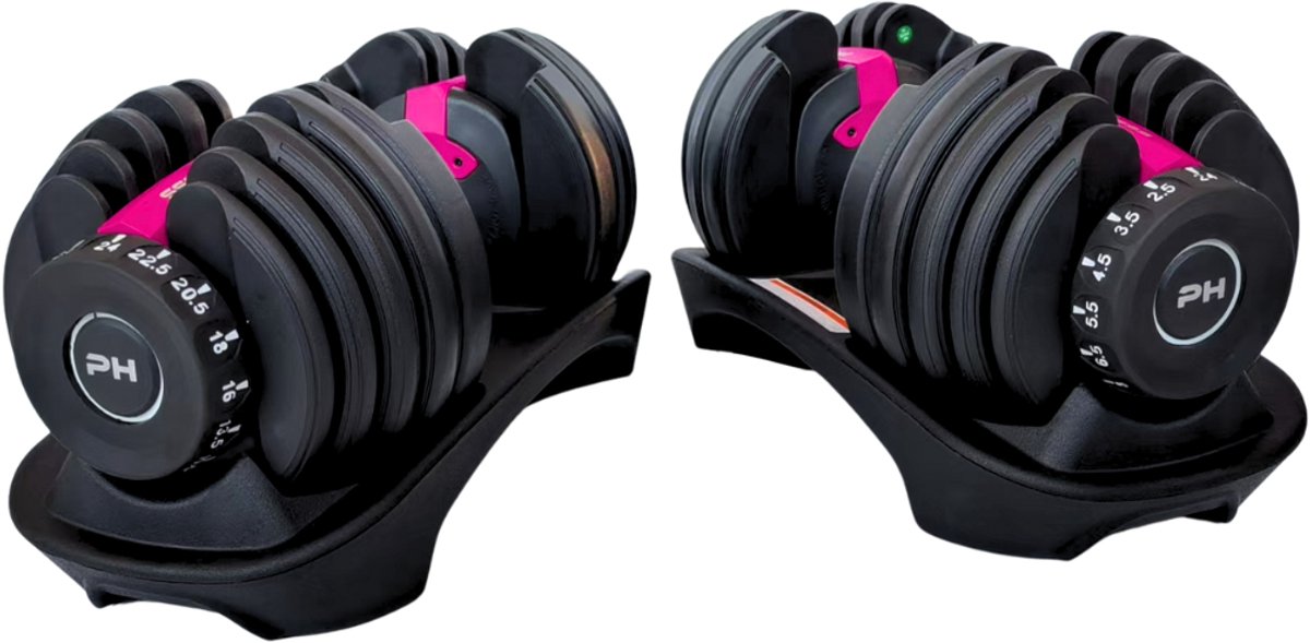PH Fitness Verstelbare Dumbells Set 24KG Donker Roze- 2 STUKS - Smart Dumbbells - Gewichtenset voor Home Gym - Adjustable Dumbbells van 2,5 kg tot 24kg - Complete Halterset van 15 Dumbbells in een!