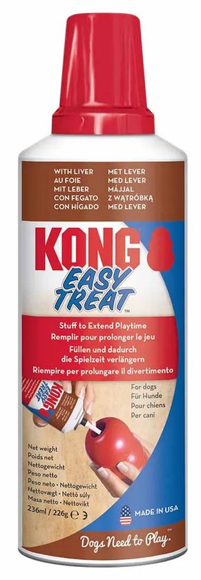 KONG Easy Treat leverpastei in spuitbus. Meertalige tekst: LIVER RECIPE, RECETTE AU FOIE.