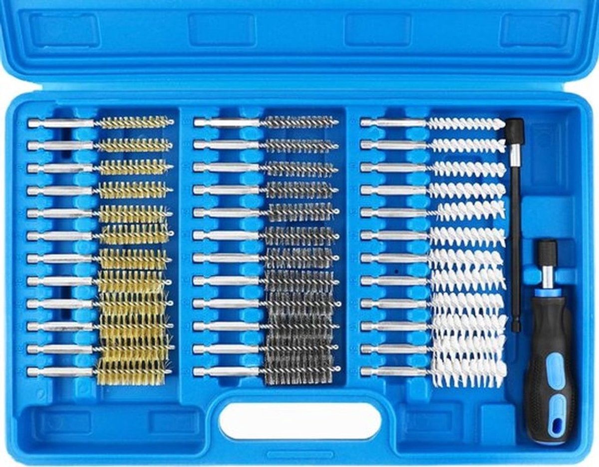 Ronde Borstelset voor Reinigen en Ontbramen, Nylon/Roestvrij Staal/Messing, 38 Stuks, Ø8-19 mm, Met 150 mm Verlengstuk