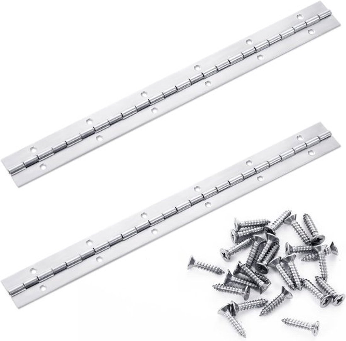 Pianoscharnier 30 cm, 2 Stuks RVS Metaal met Gaten en Schroeven - Roestvrij, Zwaar Gepolijst, Geschikt voor Botenkasten en Opbergdozen
