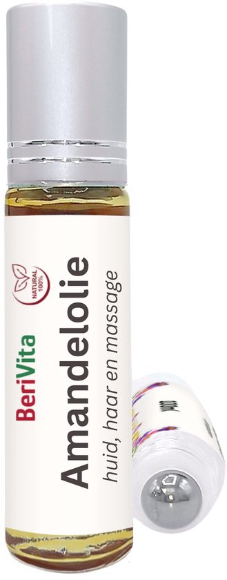Een glazen rollerfles van Berivita met amandelolie, met het etiket 'Amandelolie, huid, haar en massage'.