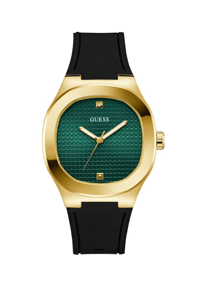 Guess Headline Quartz Analoog Horloge Zwart En Goudkleurig Kast: 100% Gerecycleerd Kunststof | Armband: 100% Siliconen 42 mm GW1005G2, GW1005G3