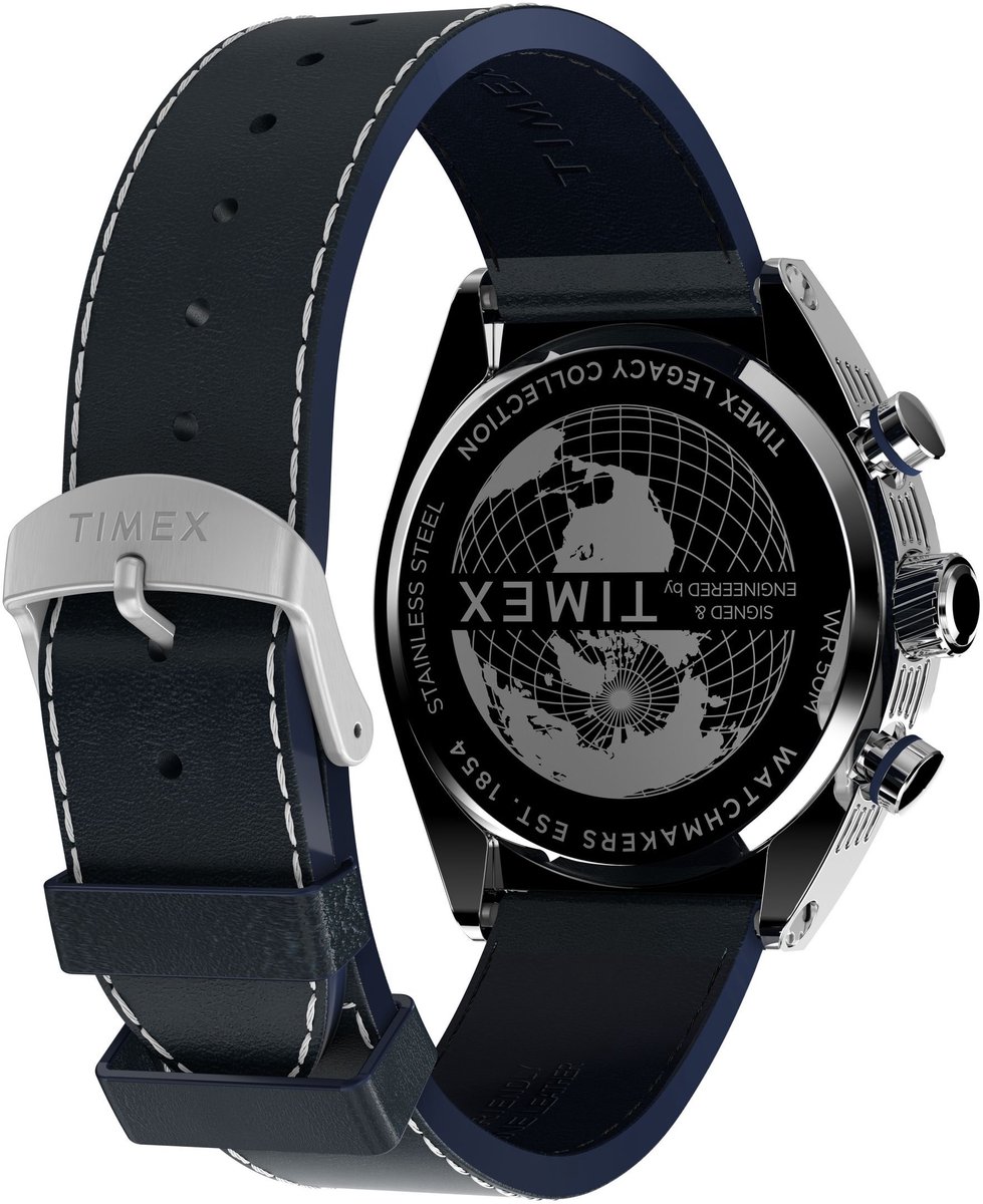 Timex Legacy Tonneau Quartz Chronograaf Horloge Blauw Kast: 100% Roestvrij Staal | Armband 100% Leer 42 mm TW2W93500AJ