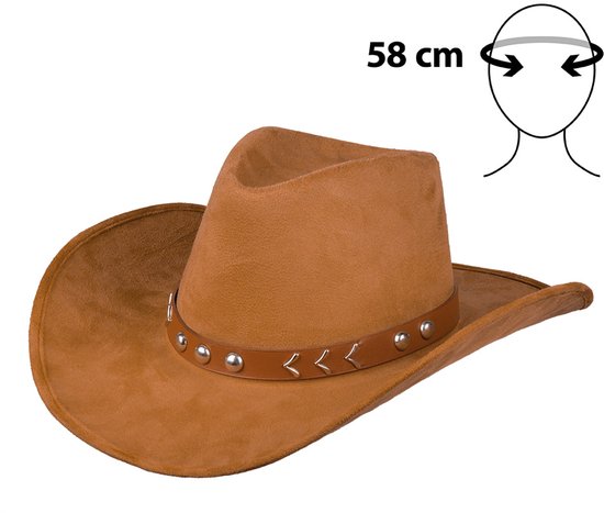Bruine cowboyhoed met suède look, 58 cm hoofdomtrek, met zilveren studs.