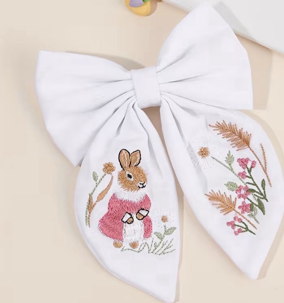 Embroidered Easter Bunny Hair Bow Clip – White