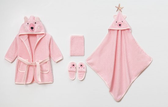Baby Badset BEER 4-delig Roze – Badjas, Badcape met Capuchon, Slofjes & Washand – 100% Katoen – 3-4 Jaar