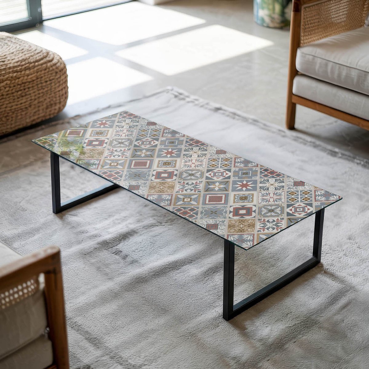 Coloray Tafelblad - Glas Voor Tafelblad - 125x50 cm - Grijs - Rechthoek Glazen Tafelblad - Tafelblad Vierkant - Salontafel Blad - Gehard Glas Tafelblad - Glazen Blad woonkamerdecoratie Grijs - Ornamenten in mozaïekstijl