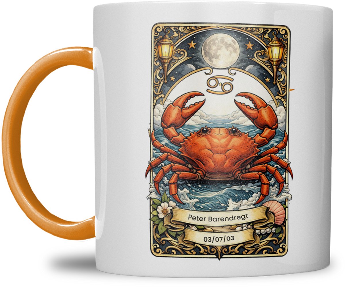 Sterrenbeeld mok - Kreeft- Oranje - Tarot mok - Gepersonaliseerd met naam en datum