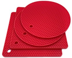 4 siliconen onderzetters - 2 ronde en 2 vierkante onderzetters - Antislip, duurzame onderleggers voor hete pannen - Gemakkelijk te wassen en te drogen - rood