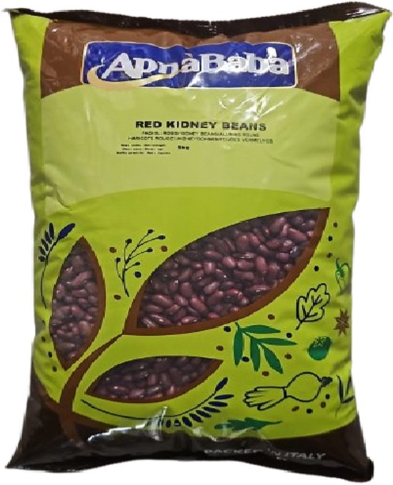 Un grand emballage vert clair et marron avec le texte 'ApnaBaba RED KIDNEY BEANS' et une illustration de feuilles et de haricots.