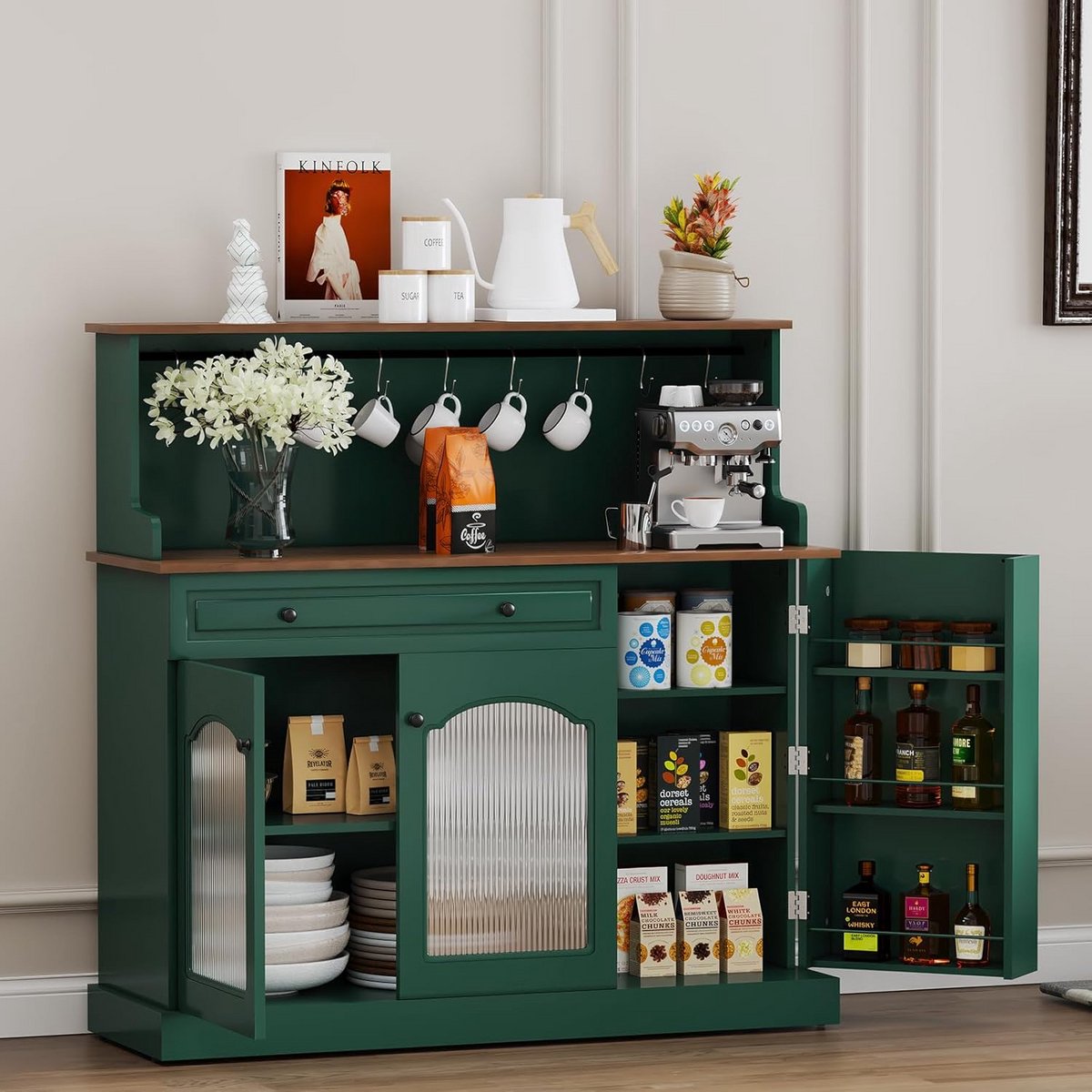 Keukenkast met Werkblad en Wijnkast - Groen Buffetkast voor Woonkamer en Eetkamer